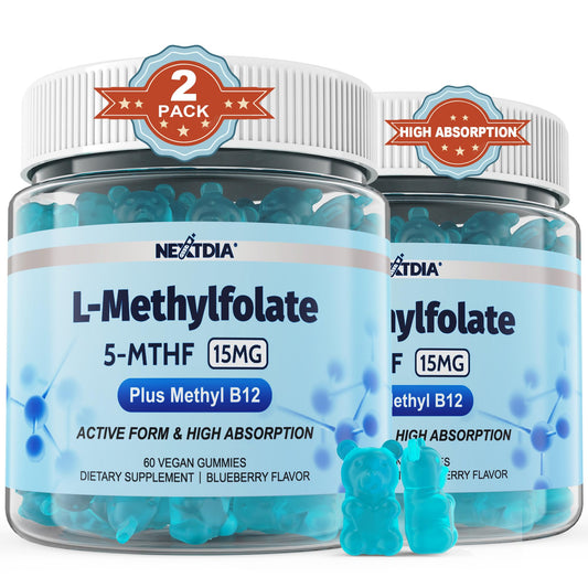 Nextdia L-MethylFolate gummies bottle supports daily energy and focus.