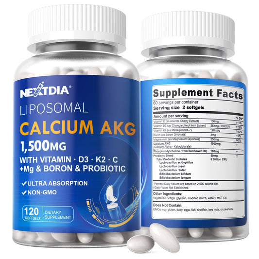 Nextdia liposomal calcium AKG softgels bottle highlighting enhanced bioavailability for bone support