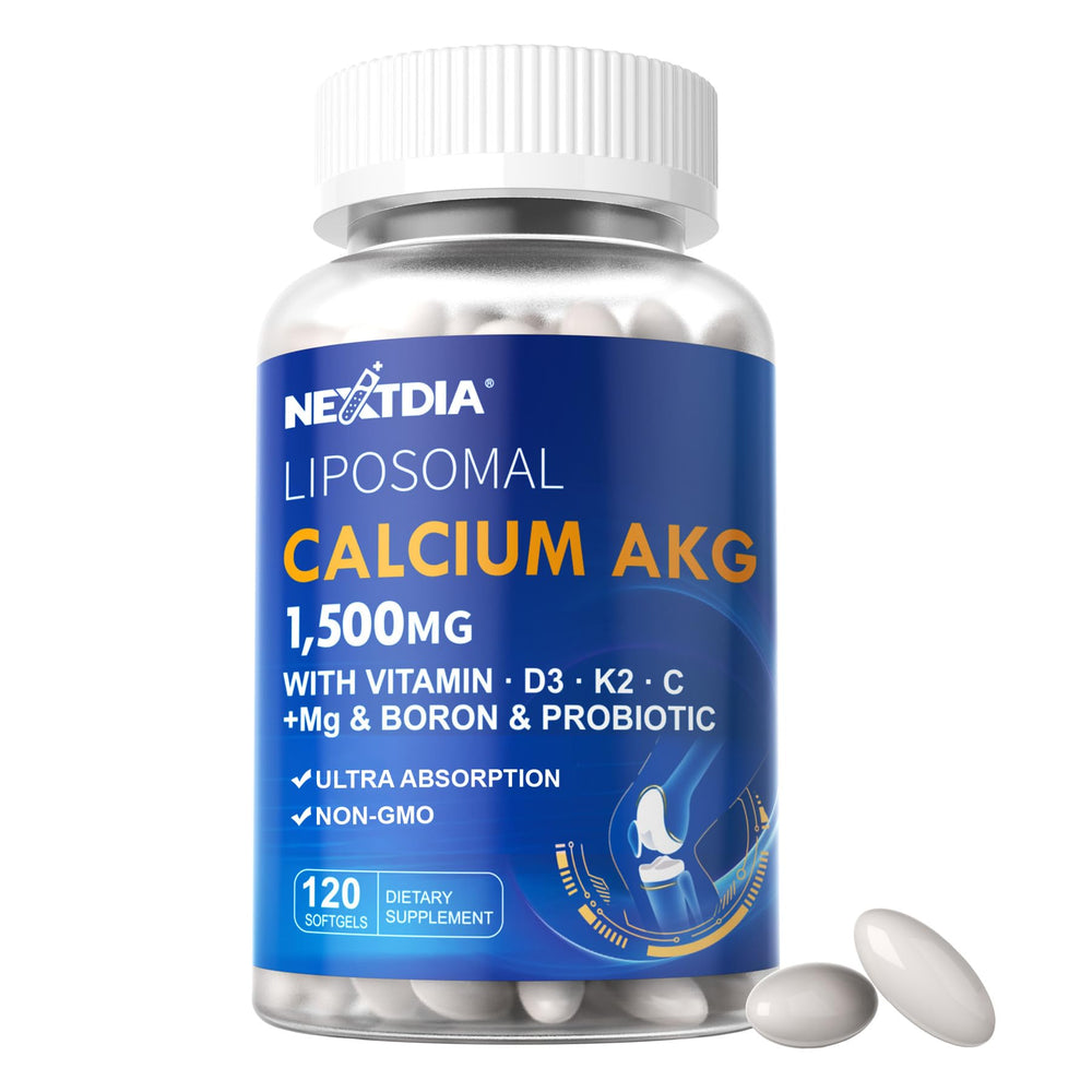 Nextdia liposomal calcium AKG bottle shown for everyday bone support.