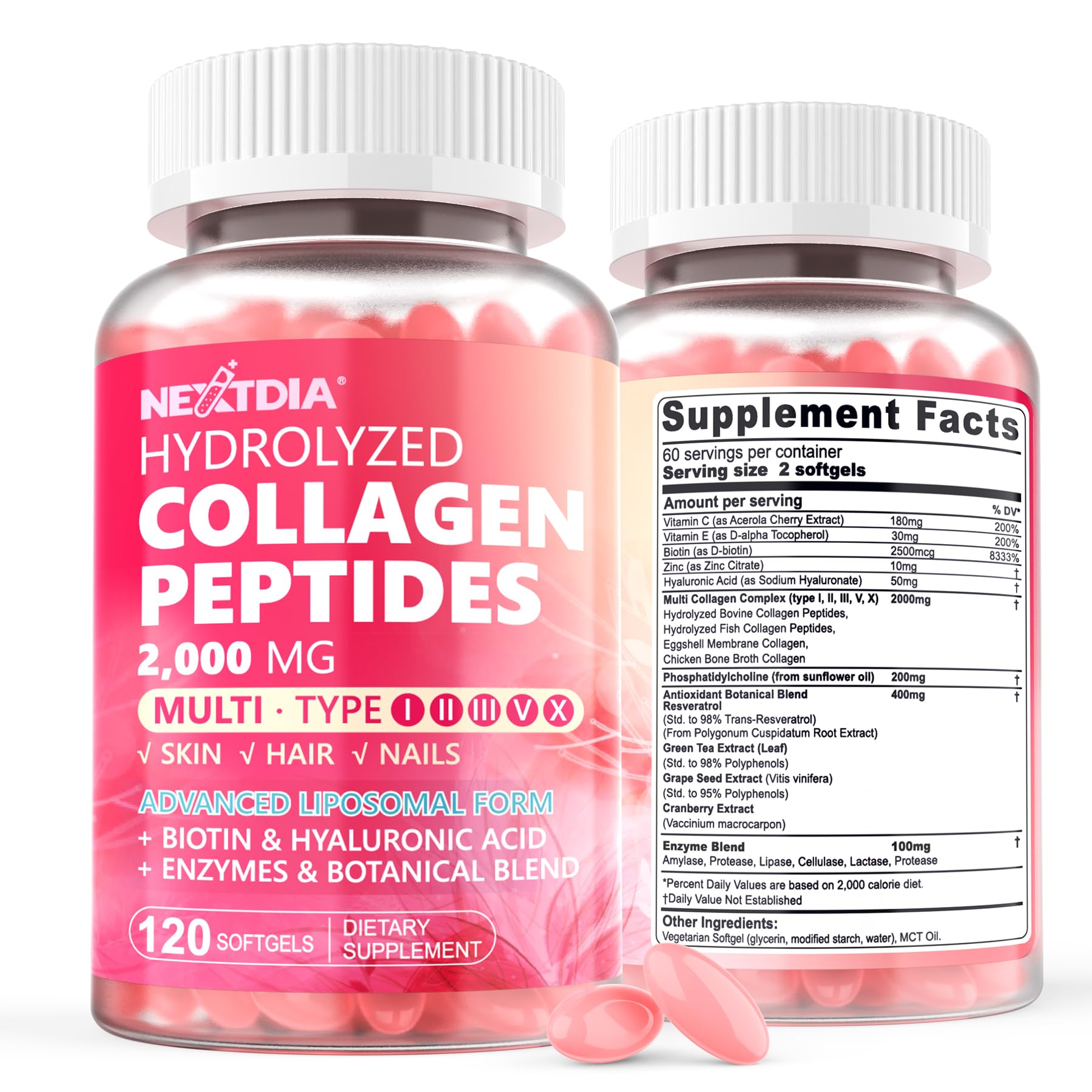 Nextdia liposomal collagen pills bottle front shows two-month supply for beauty support