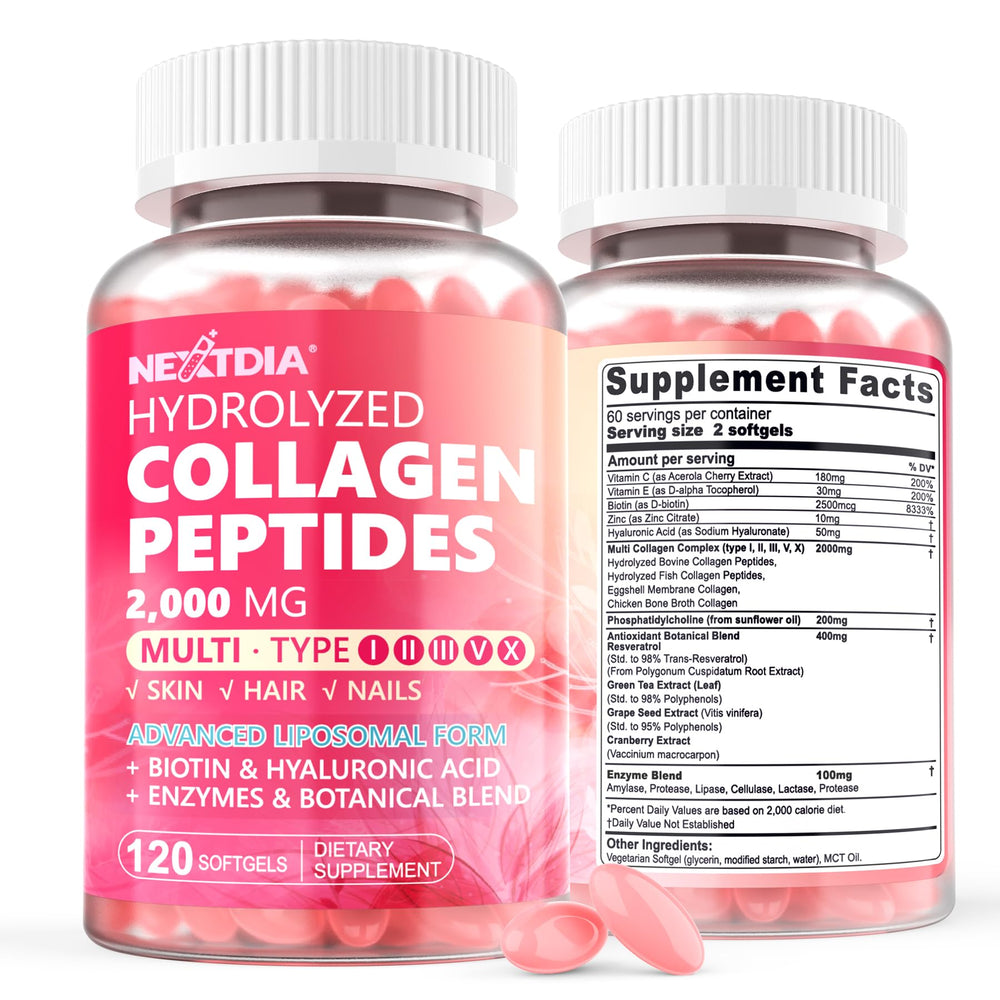 Nextdia liposomal collagen pills bottle front shows two-month supply for beauty support