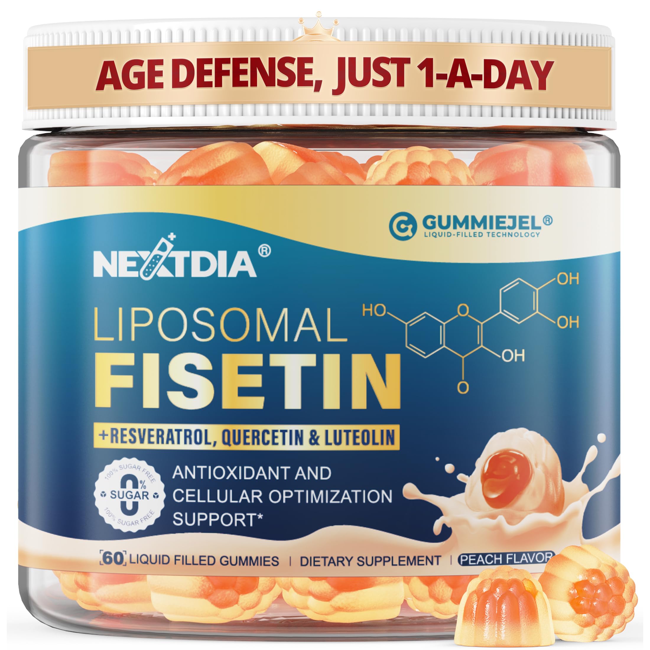 Nextdia liposomal fisetin gummies bottle with peach flavor for daily vitality and cellular support.
