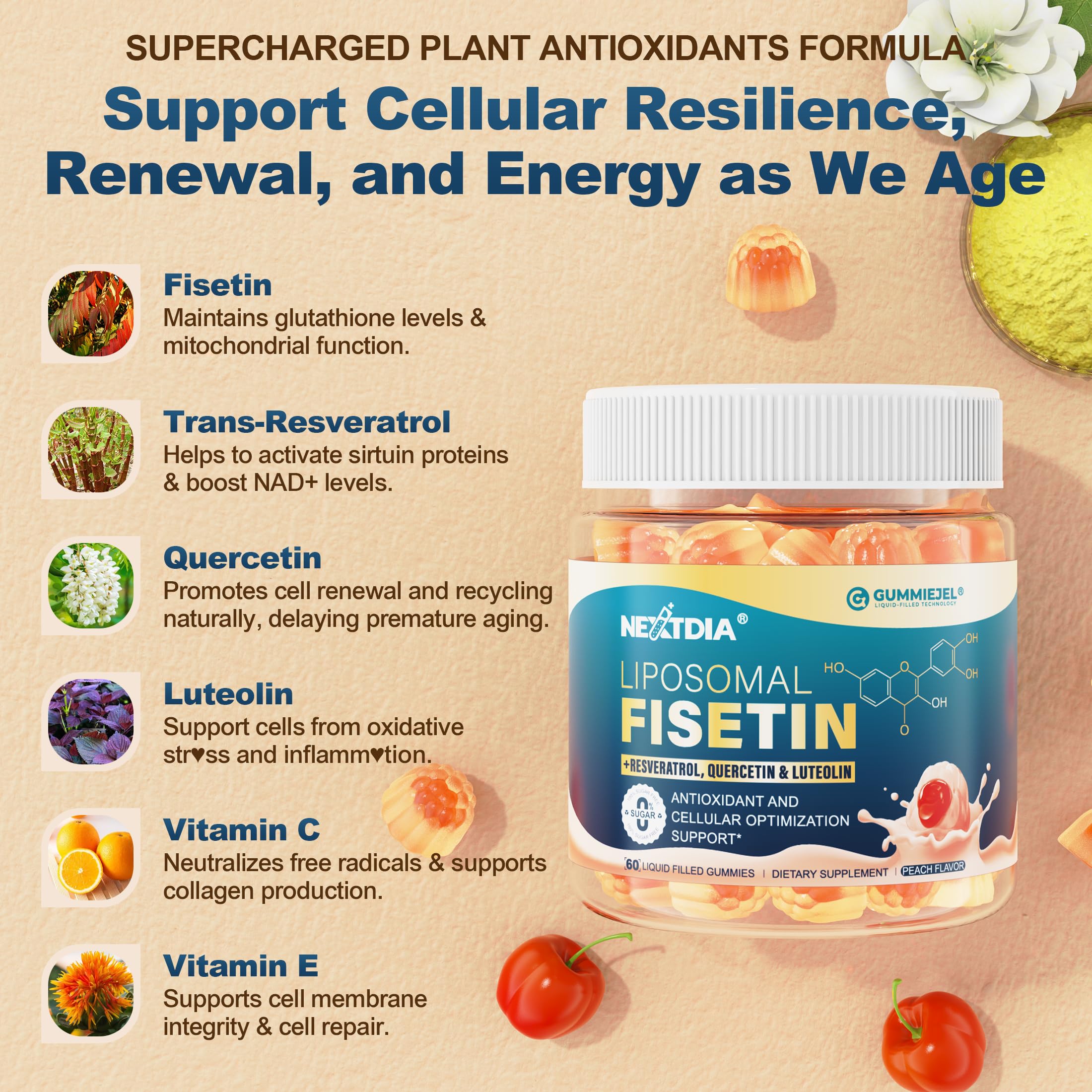 Nextdia Liposomal Fisetin Gummies labeling clearly states 200 mg fisetin per gummy