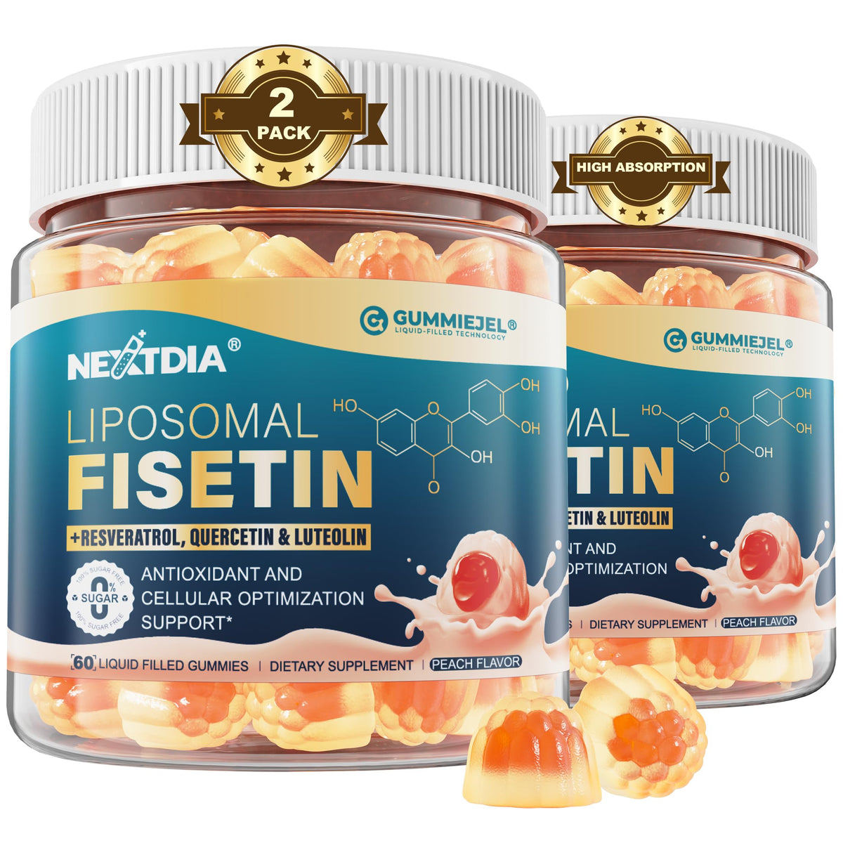 Nextdia Liposomal Fisetin Gummies packaging highlights premium vegan formula for daily use