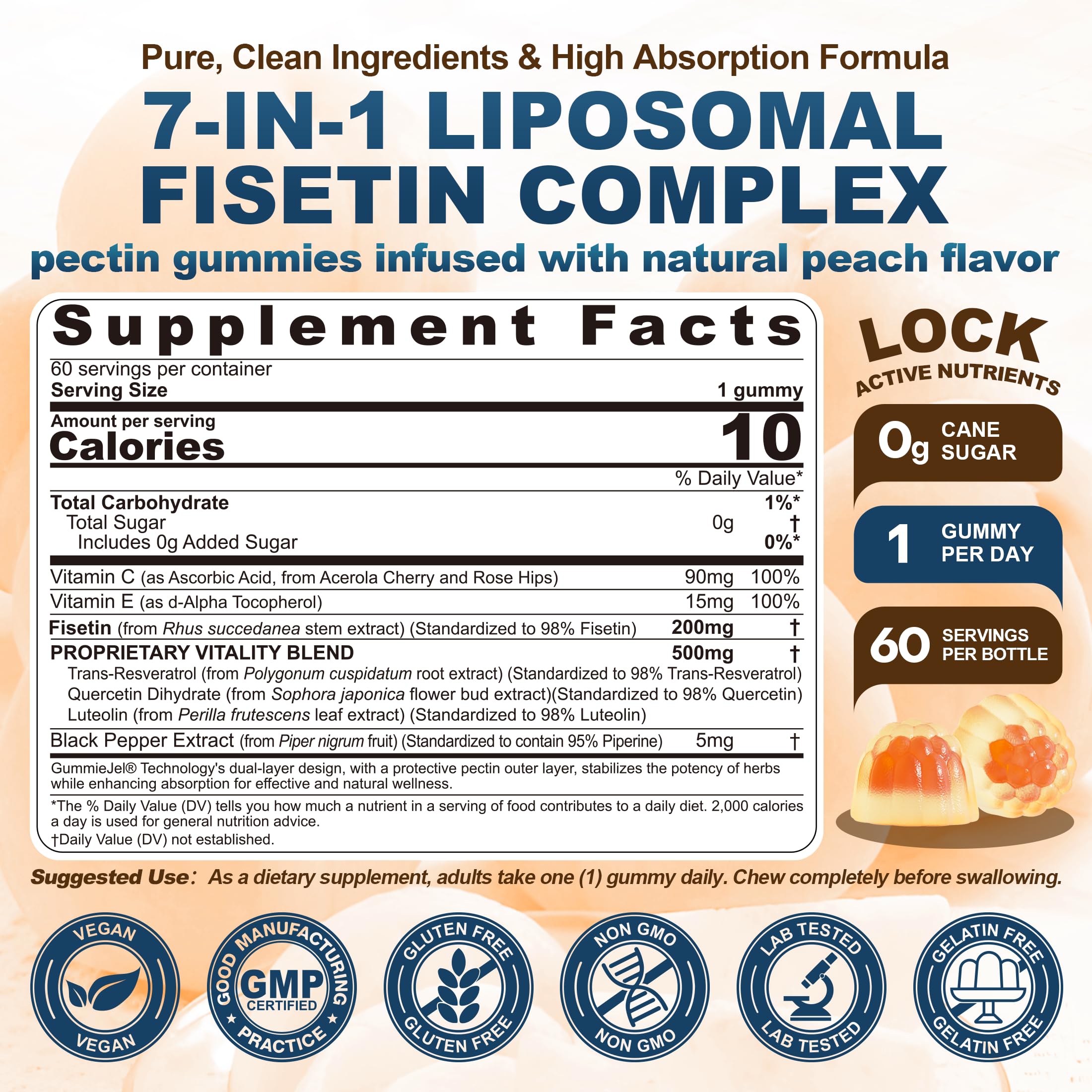Nextdia Liposomal Fisetin Gummies pour shows peach flavor and easy daily dose