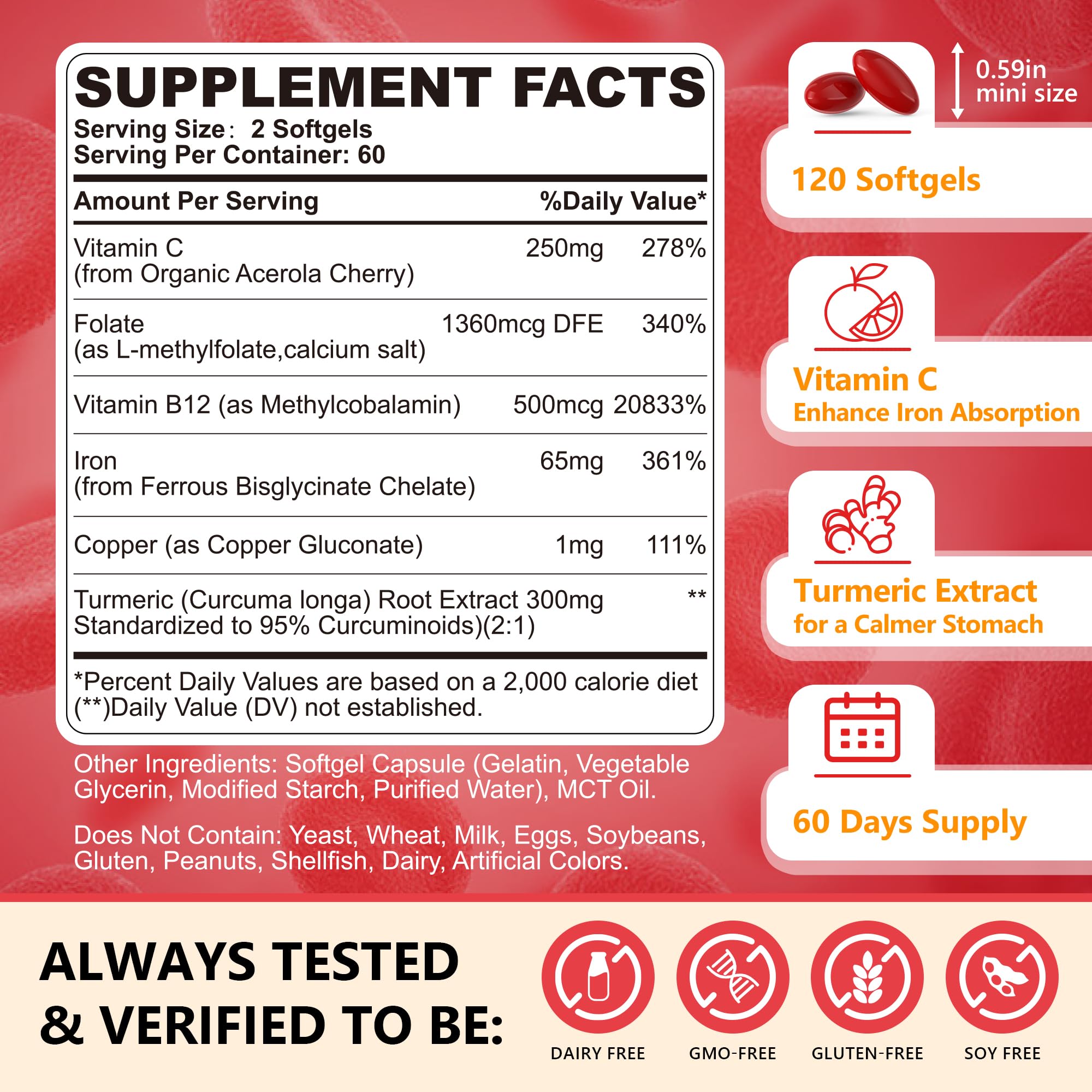 Closeup of Nextdia Liposomal Iron Softgels capsules highlighting high-potency 65 mg per serving