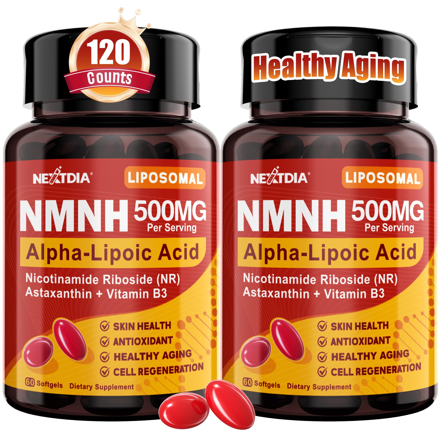 Nextdia Liposomal NMNH softgel bottle front for energy and aging support.