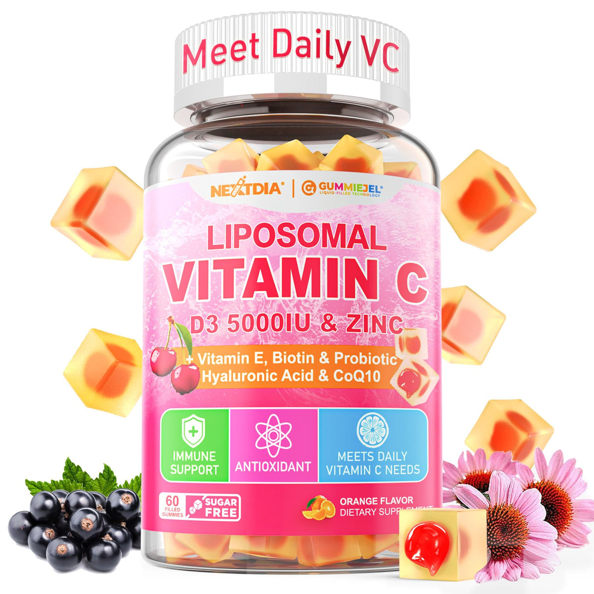 Nextdia Liposomal Vitamin C 1000mg bottle for daily immune support in a tasty chew.
