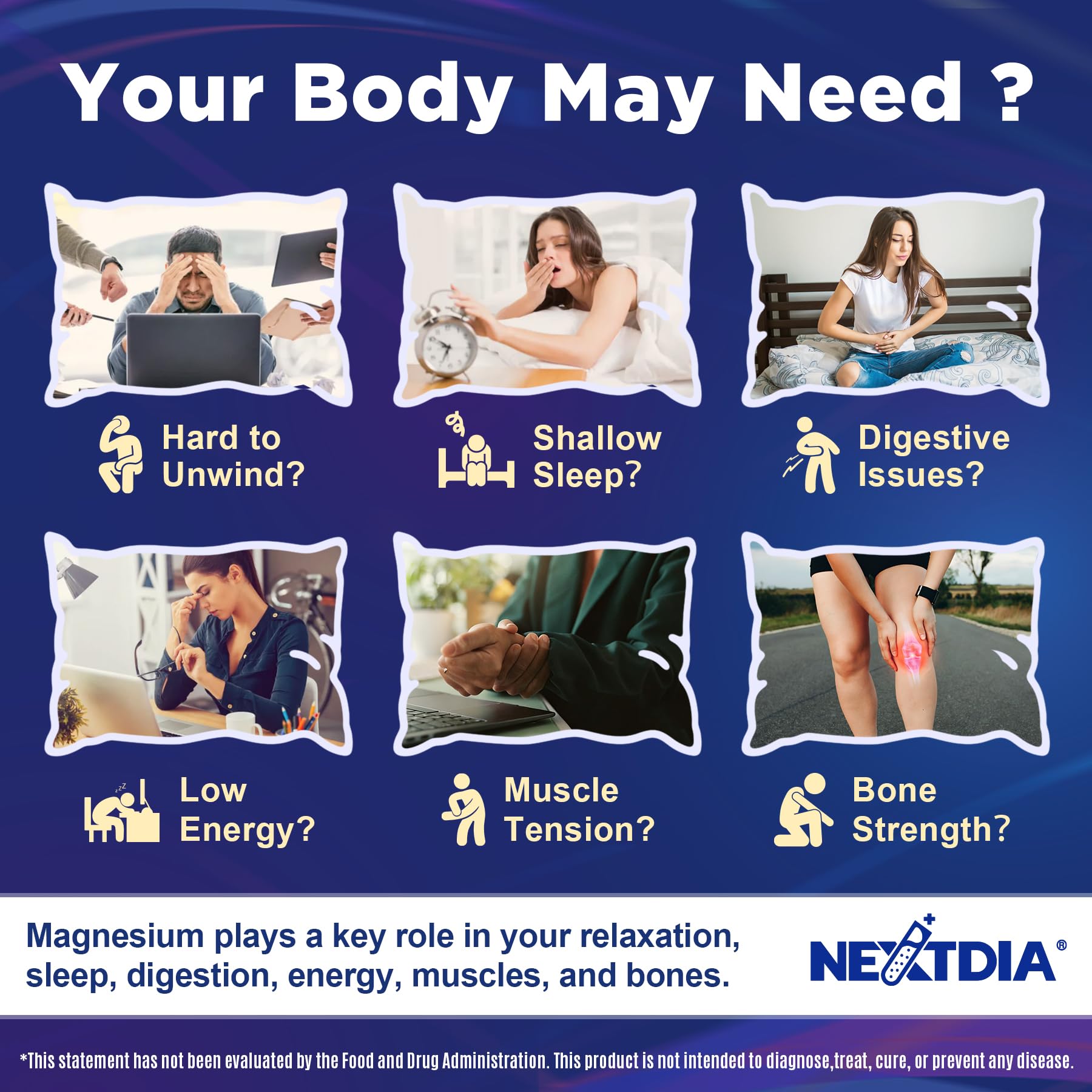 Nextdia magnesium panel shows D3, B6, zinc for energy.
