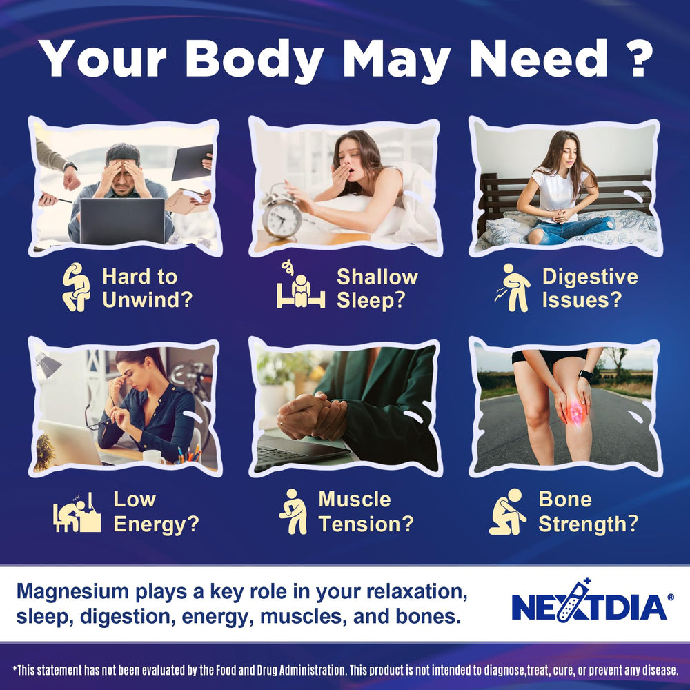 Nextdia magnesium panel shows D3, B6, zinc for energy.