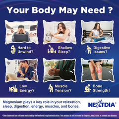 Nextdia magnesium panel shows D3, B6, zinc for energy.