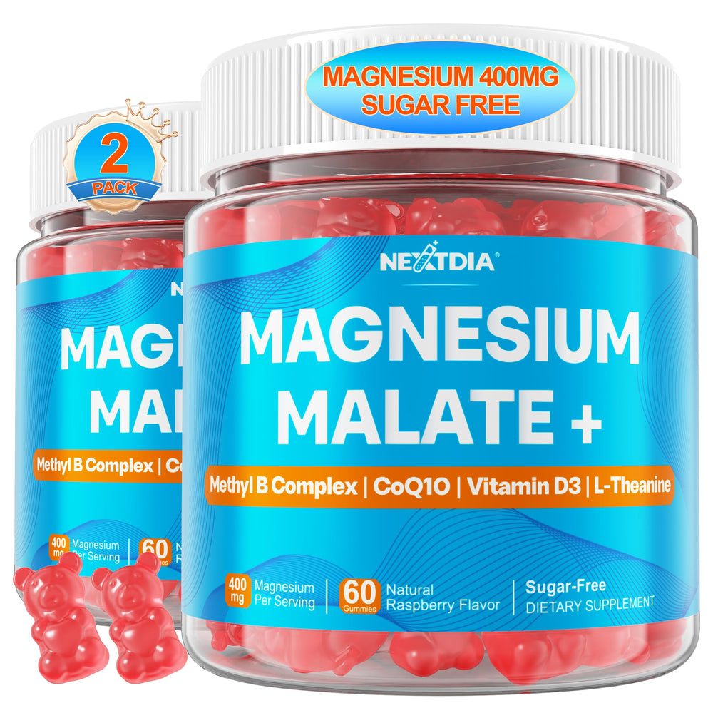 Nextdia Magnesium Malate Gummies bottle view highlighting sugar-free energy support.