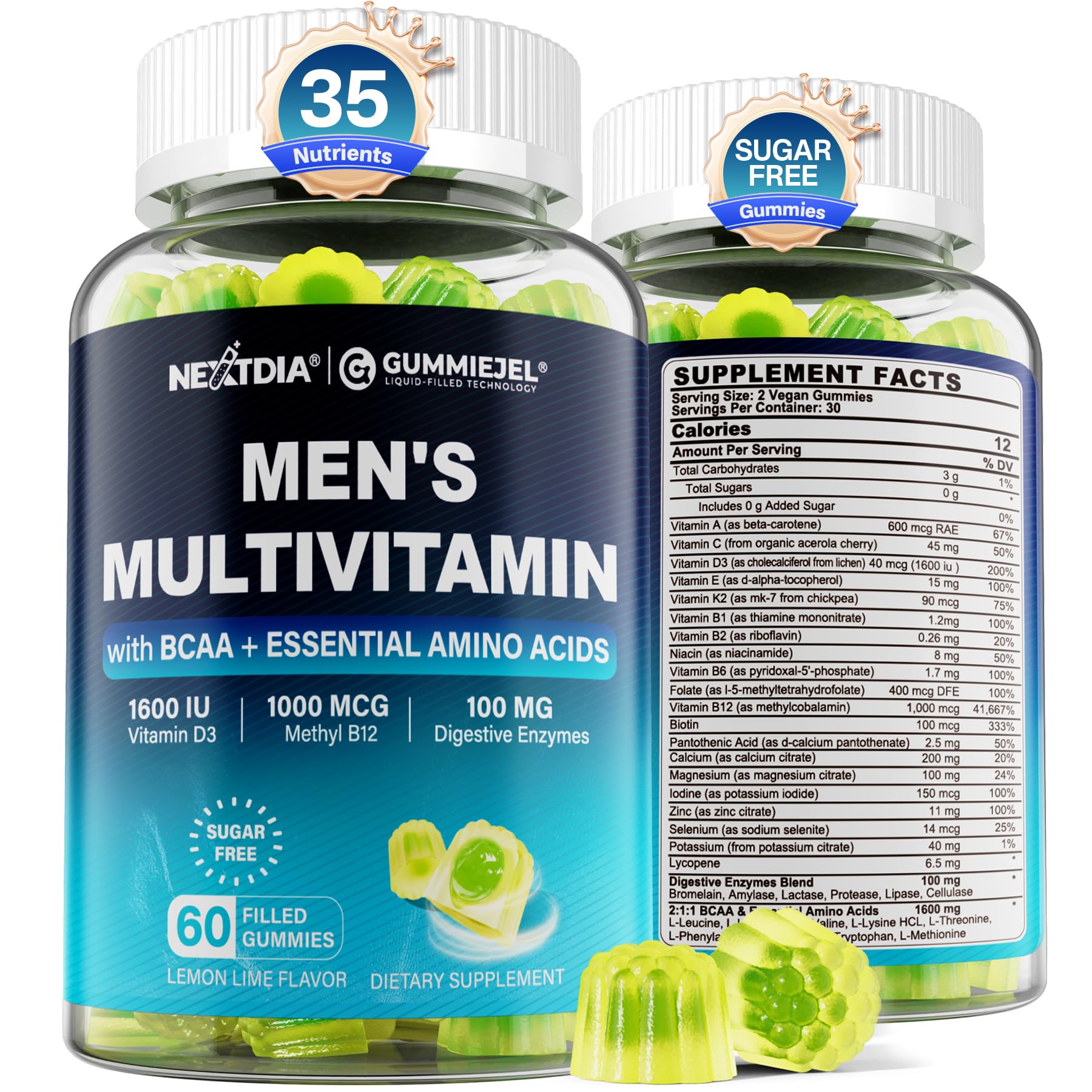 Nextdia methylated multivitamin for men gummies bottle highlights compact daily-use packaging.