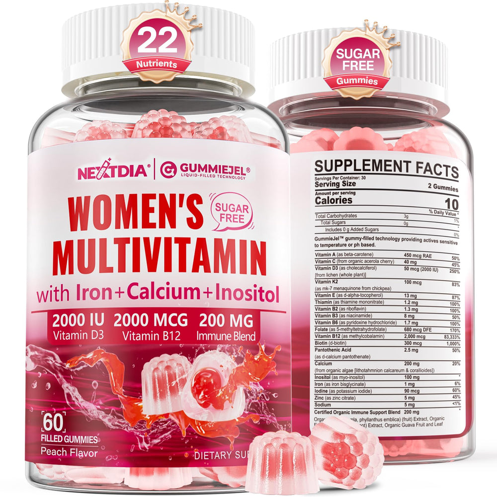 Nextdia methylated women's multivitamin gummies bottle; supports daily energy and wellness.