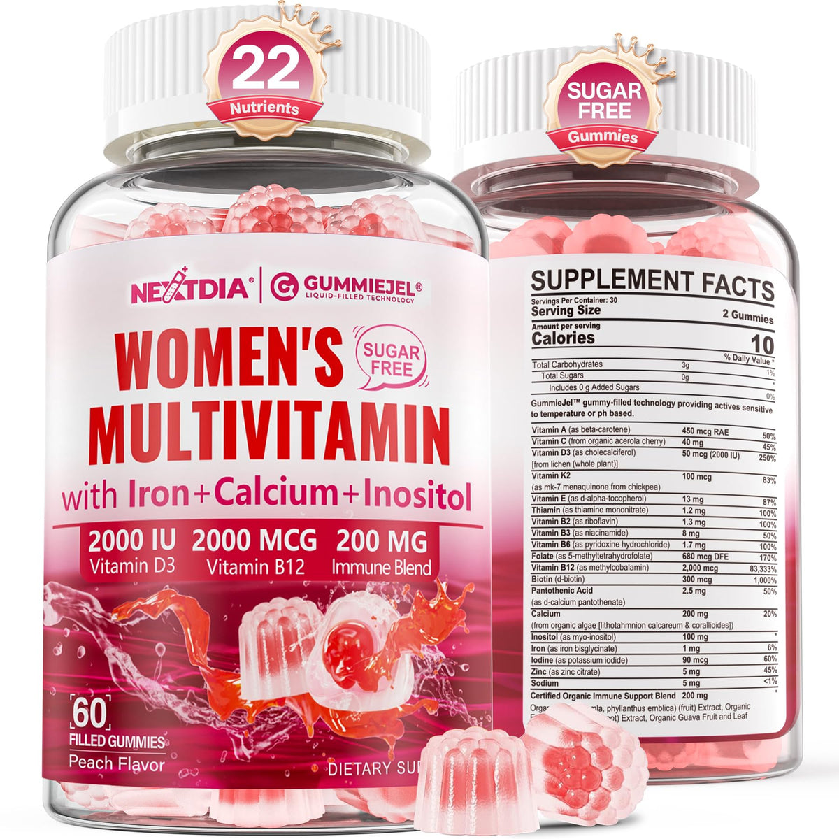 Nextdia methylated women's multivitamin gummies bottle; supports daily energy and wellness.