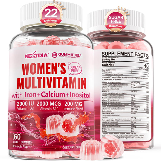 Nextdia methylated women's multivitamin gummies bottle; supports daily energy and wellness.