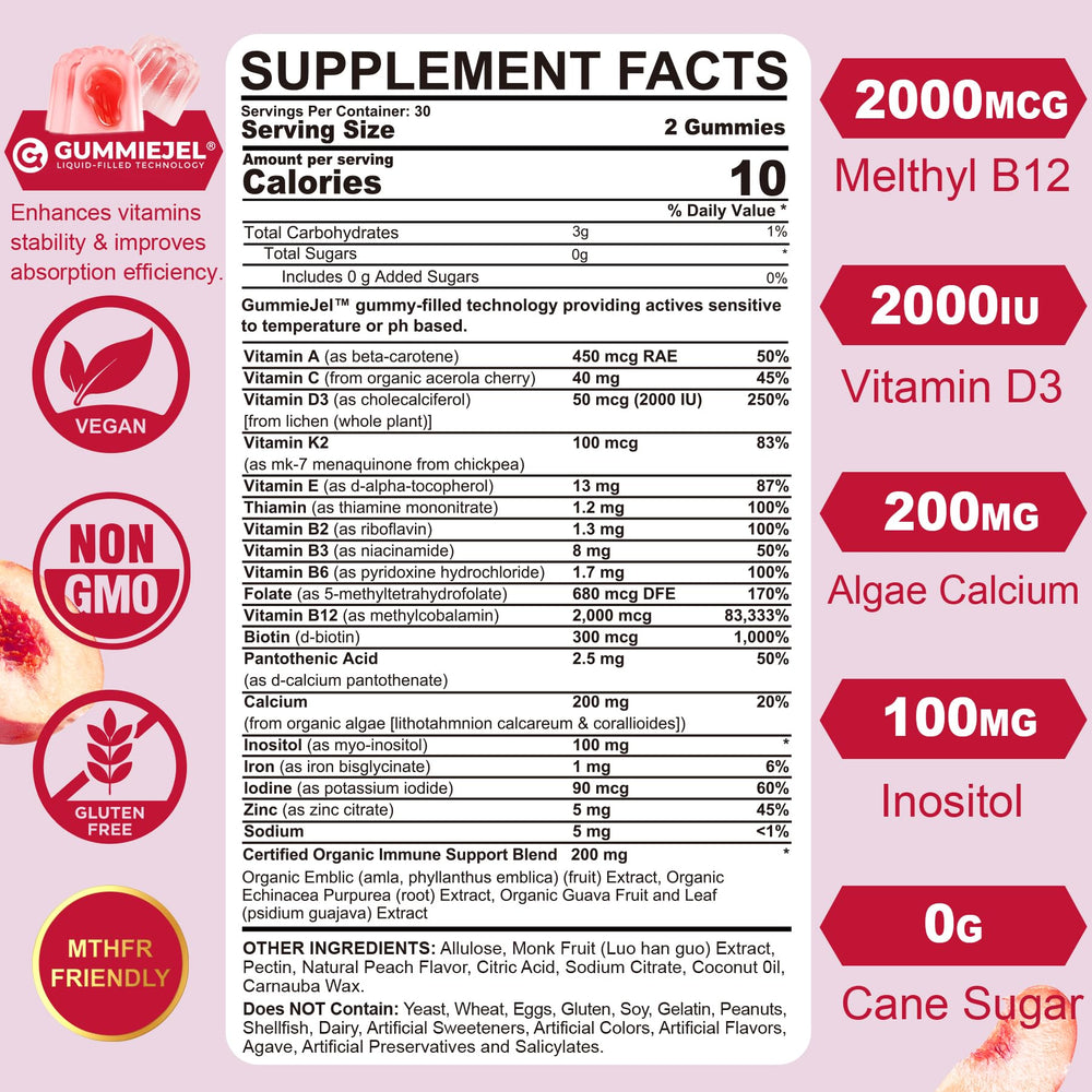 Nextdia methylated women's multivitamin gummies label; clear vegan, sugar-free ingredients highlighted.