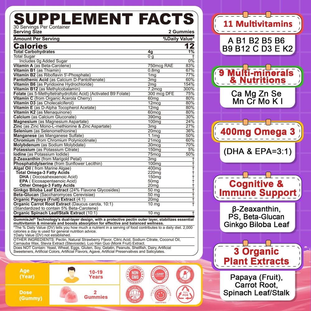 Nextdia multivitamin filled gummies cross-section filling highlights natural strawberry flavor.