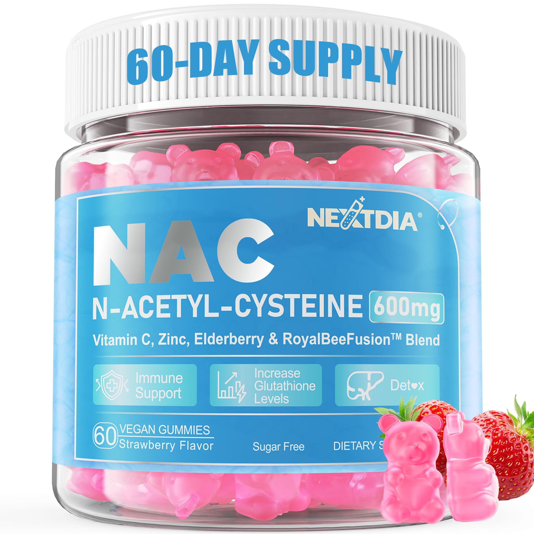 Nextdia NAC Gummies bottle front label highlighting 600 mg NAC and vitamin C.