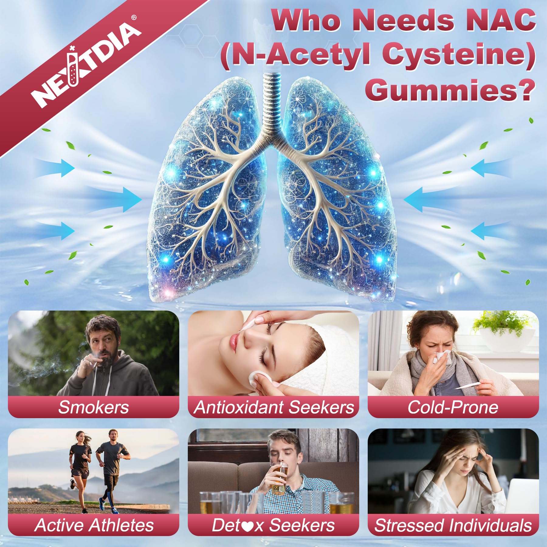 Nextdia NAC Gummies bottle in kitchen promoting convenient daily use.
