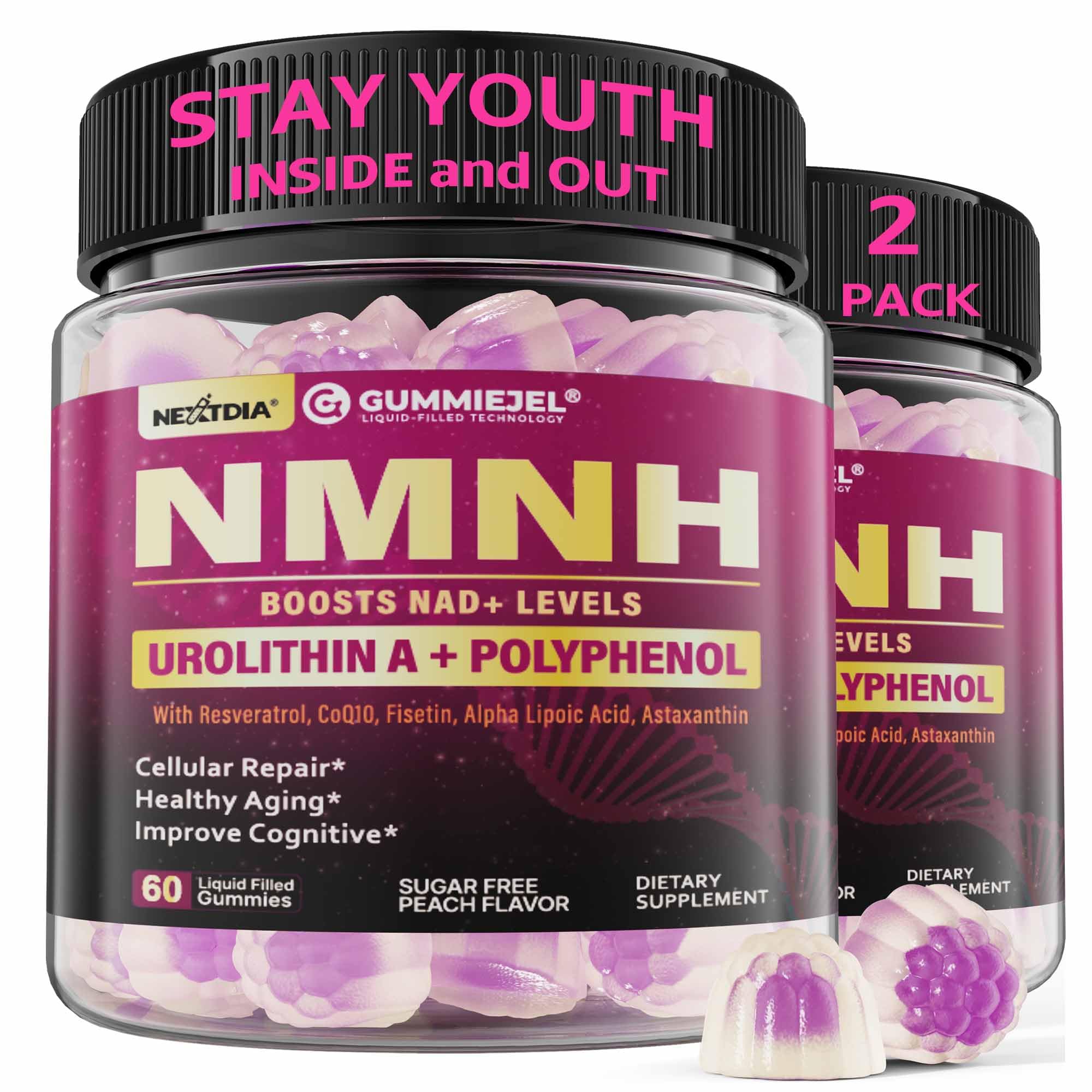 Nextdia NMNH gummies with peach flavor for daily antioxidant support