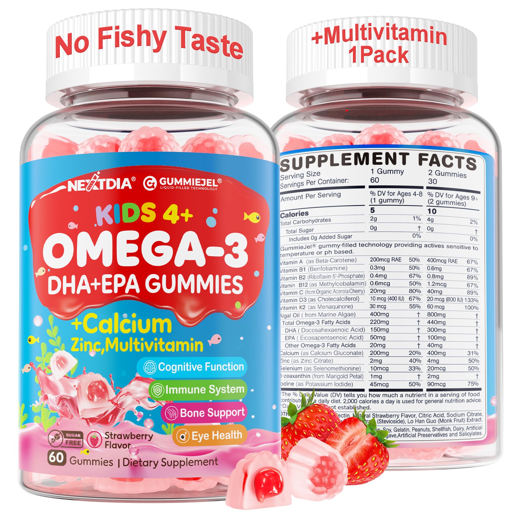 Nextdia Omega 3 Kids bottle front shows sugar-free gummies for daily support