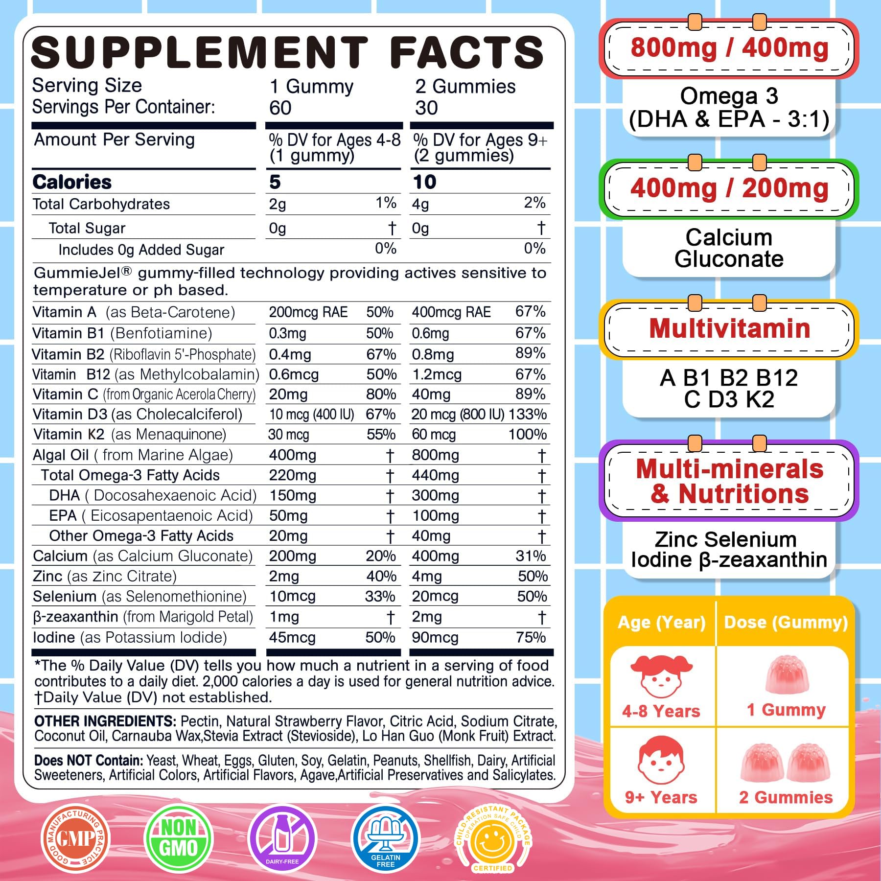 Nextdia Omega 3 Kids gummies close-up highlights strawberry flavor filling for kid-friendly taste