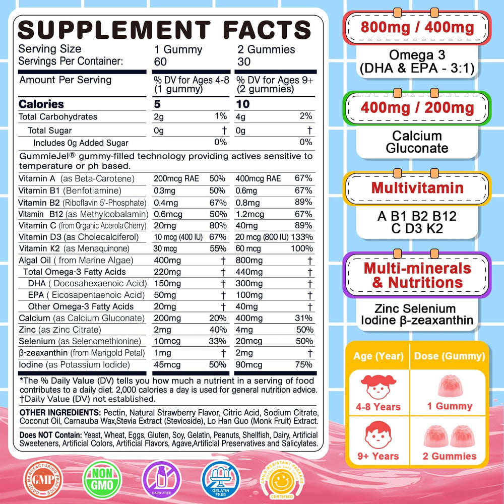 Nextdia Omega 3 Kids gummies close-up highlights strawberry flavor filling for kid-friendly taste