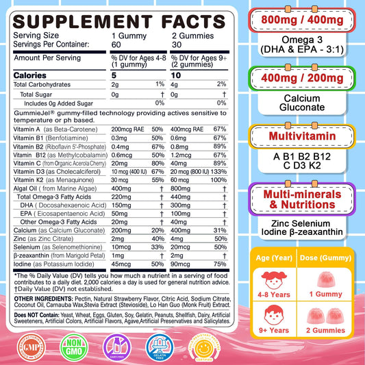 Nextdia Omega 3 Kids gummies close-up highlights strawberry flavor filling for kid-friendly taste