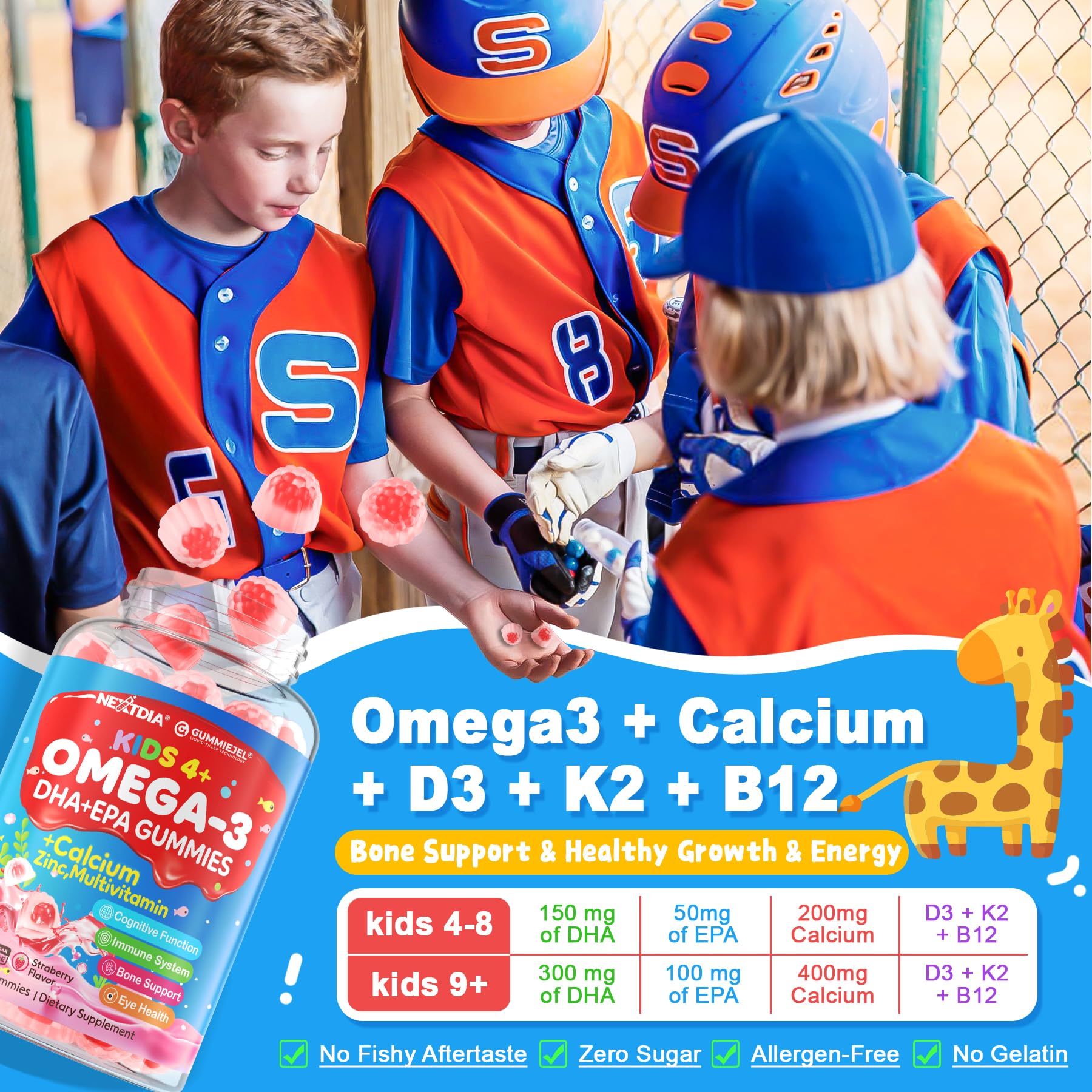 Nextdia Omega 3 Kids nutrition label highlights vitamin and mineral blend