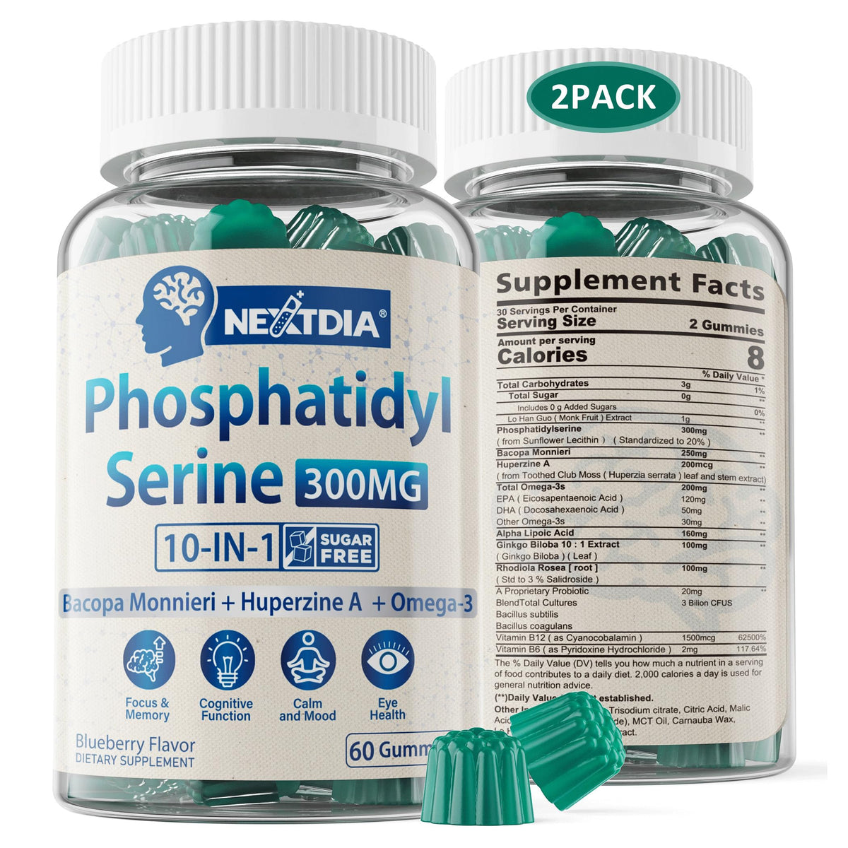 Nextdia Phosphatidylserine gummies blueberry closeup for focused moments.