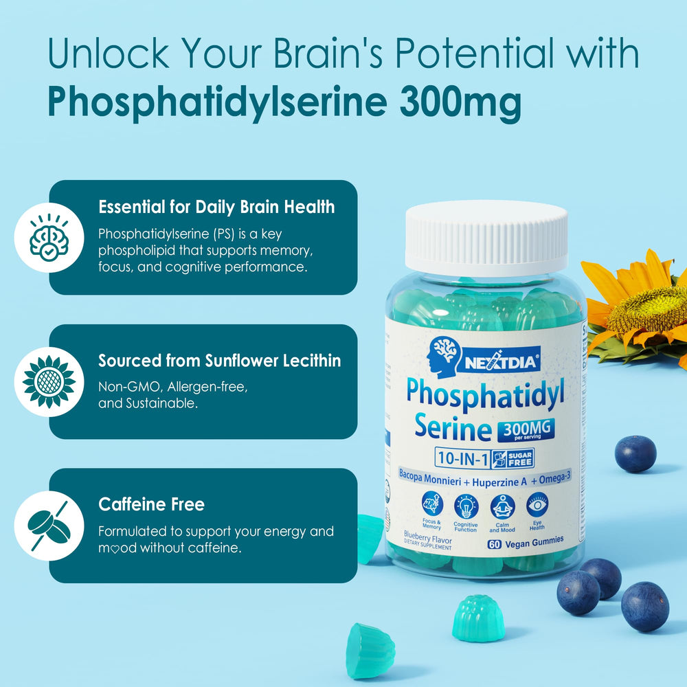 Nextdia phosphatidylserine gummies bottle on table promotes vegan, non-GMO formula.