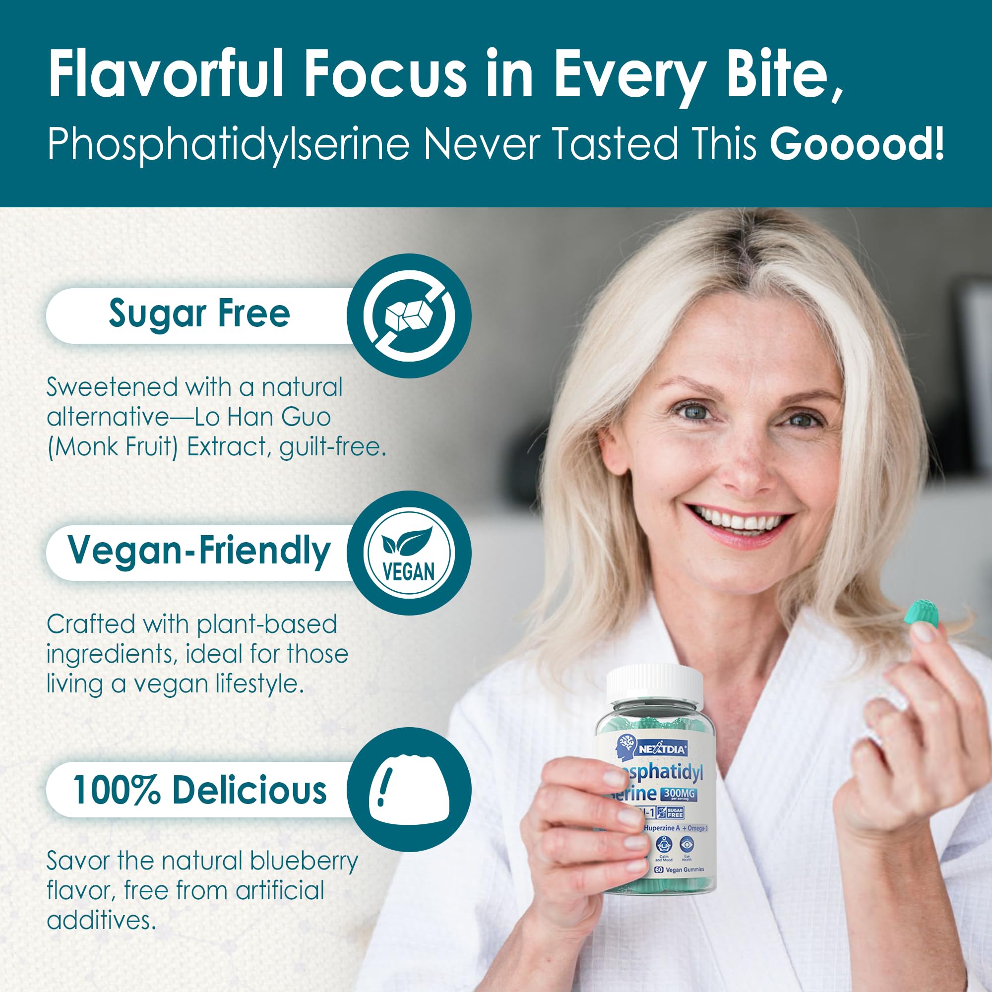 Nextdia phosphatidylserine gummies non-GMO seal communicates purity.