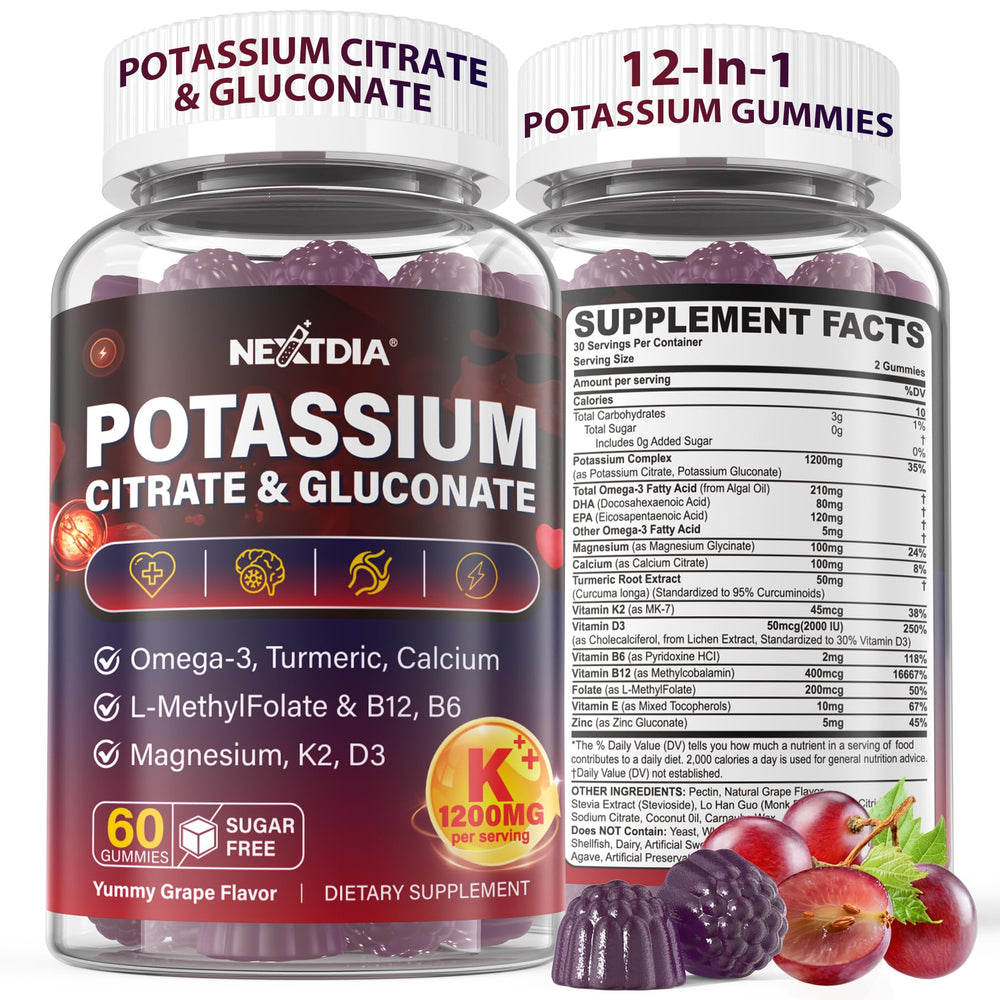 Nextdia potassium citrate and gluconate gummies bottle front view for daily mineral support