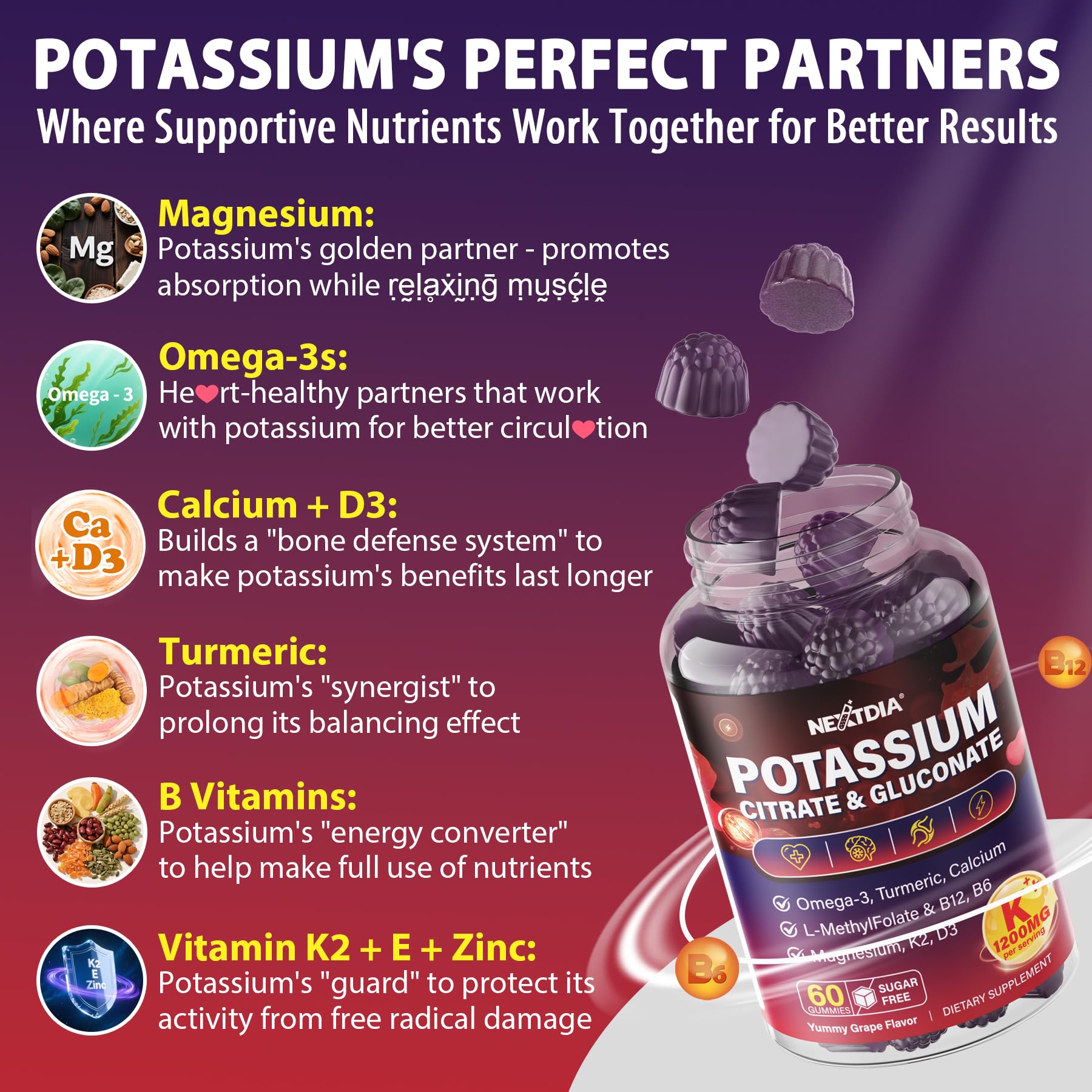 Nextdia potassium gummies brain clarity illustration with omega-3