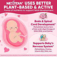 Nextdia Prenatal Gummies ingredients chart highlighting 5-MTHF folate and algae omega-3.