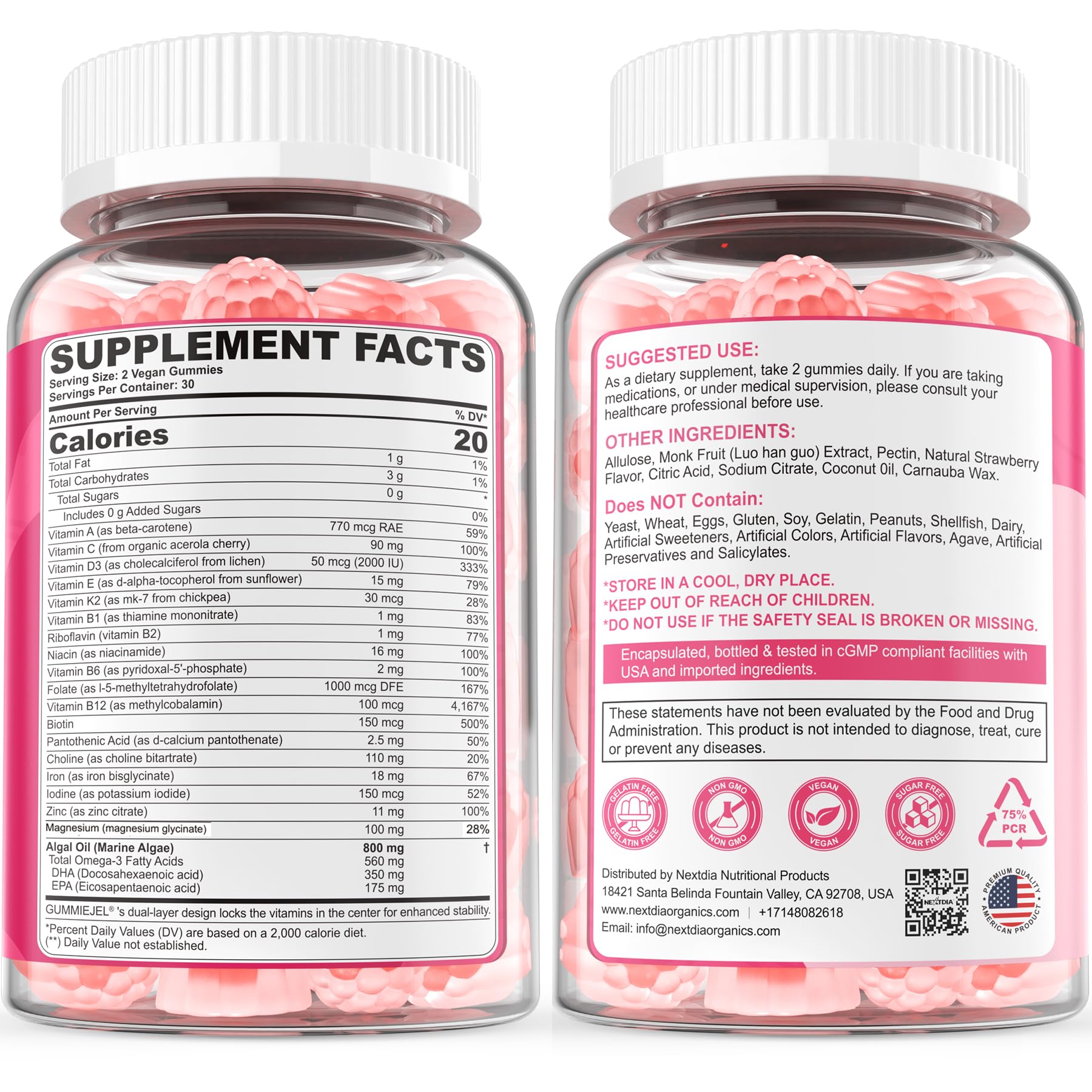 Nextdia Prenatal Gummies sugar-free sweeteners from monk fruit and allulose.