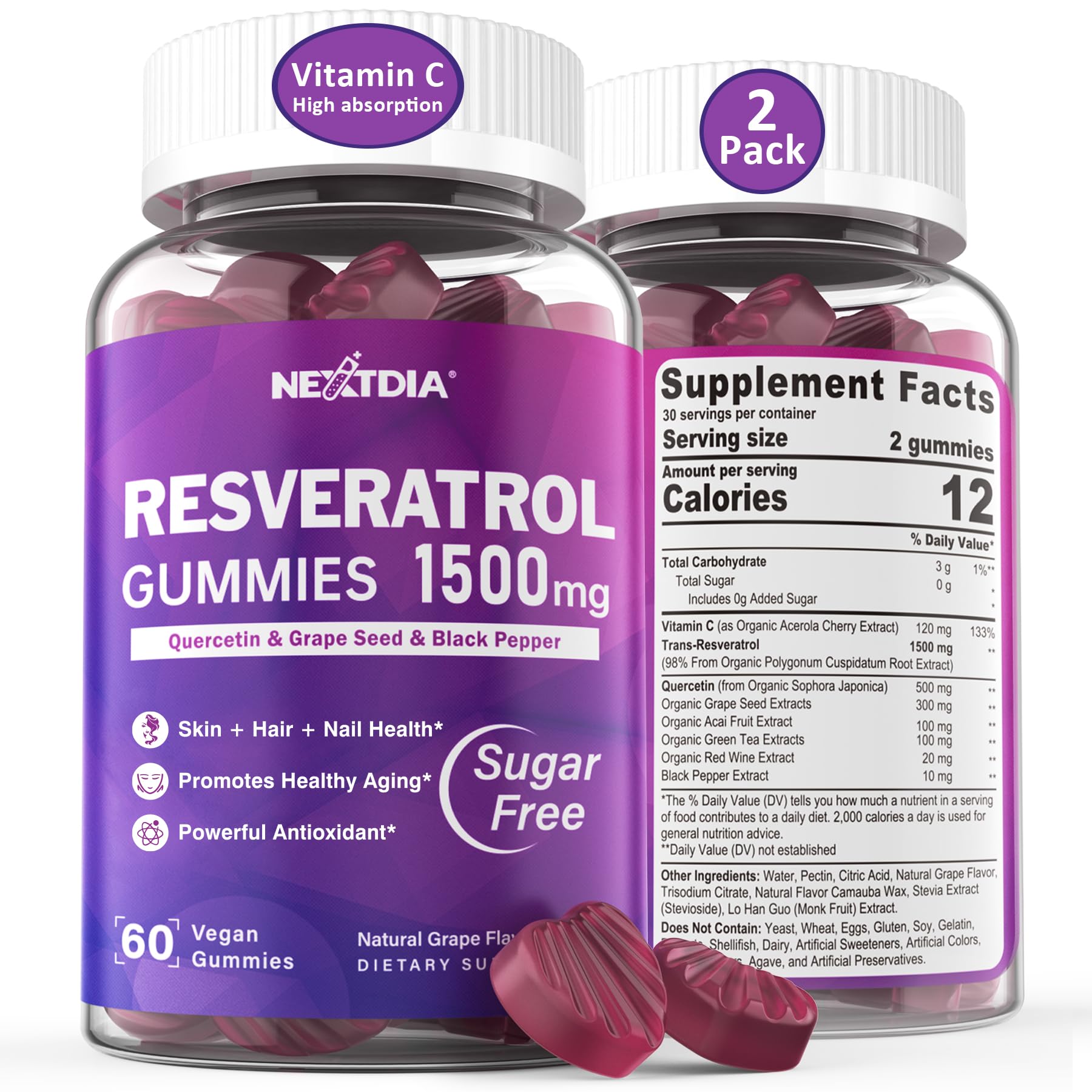 Nextdia Resveratrol Gummies bottle front showing 1500mg formula for daily antioxidant support