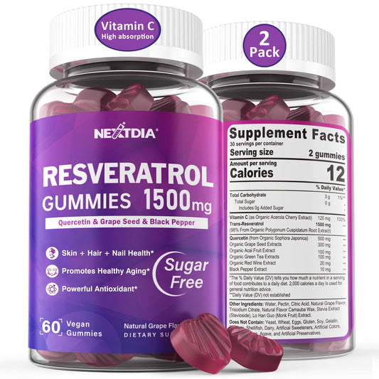 Nextdia Resveratrol Gummies bottle front showing 1500mg formula for daily antioxidant support