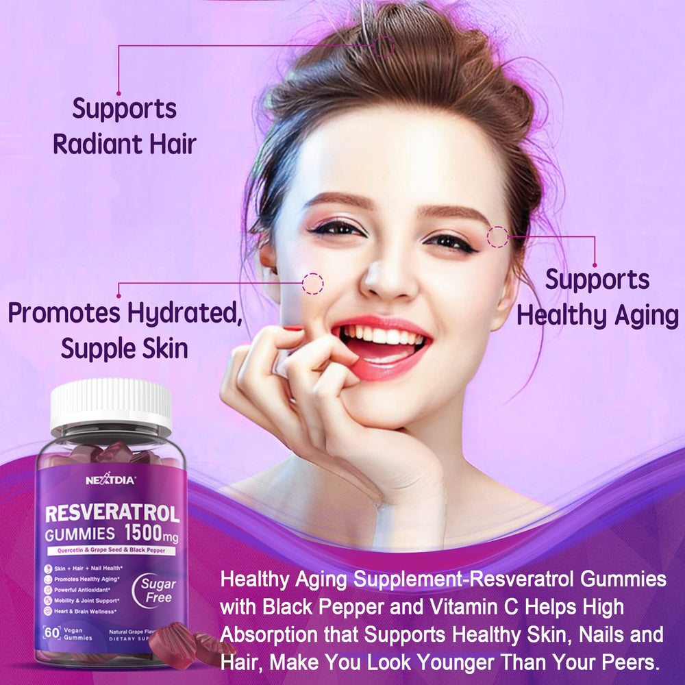 Graphic of Nextdia Resveratrol Gummies ingredients highlighting the 8-in-1 blend for antioxidant support