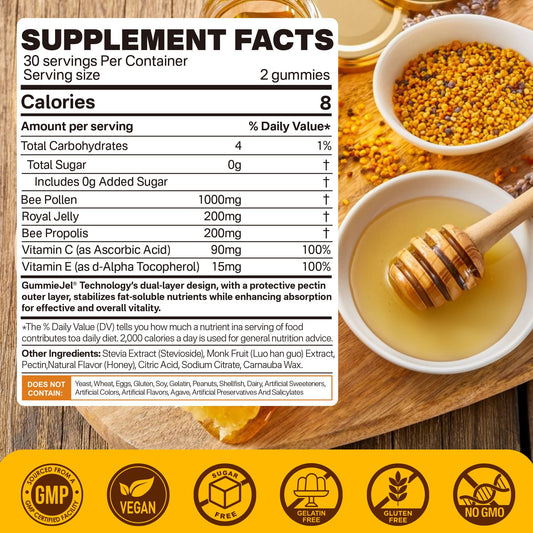 Nextdia Royal Jelly Propolis gummies closeup highlights nourishing blend for wellness.