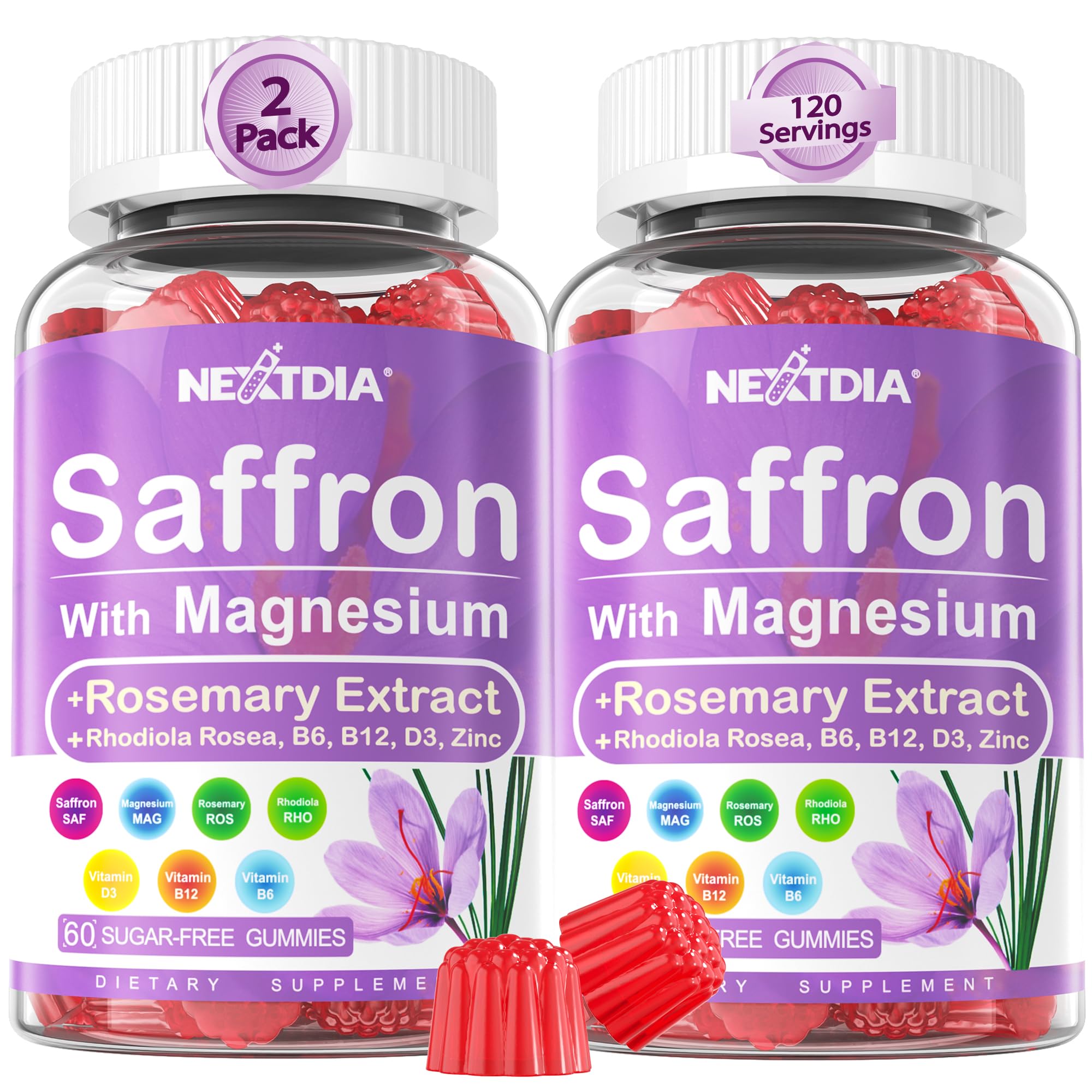 Nextdia Saffron Gummies bottle front with crisp packaging visible