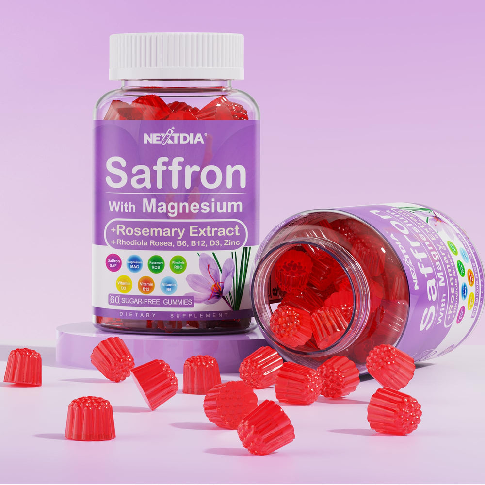 Lifestyle scene showing daily use of Nextdia saffron gummies