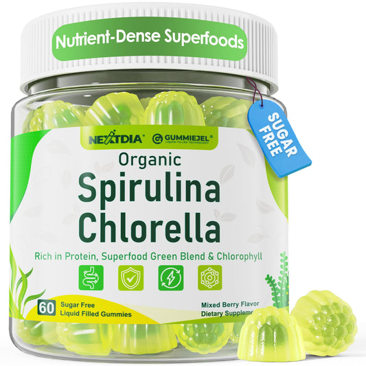 Nextdia Spirulina-Chlorella gummies bottle close-up with vibrant color and clean nutrition.