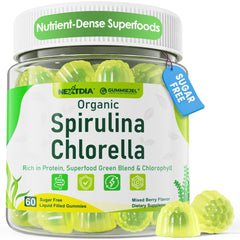 Nextdia Spirulina-Chlorella gummies bottle close-up with vibrant color and clean nutrition.