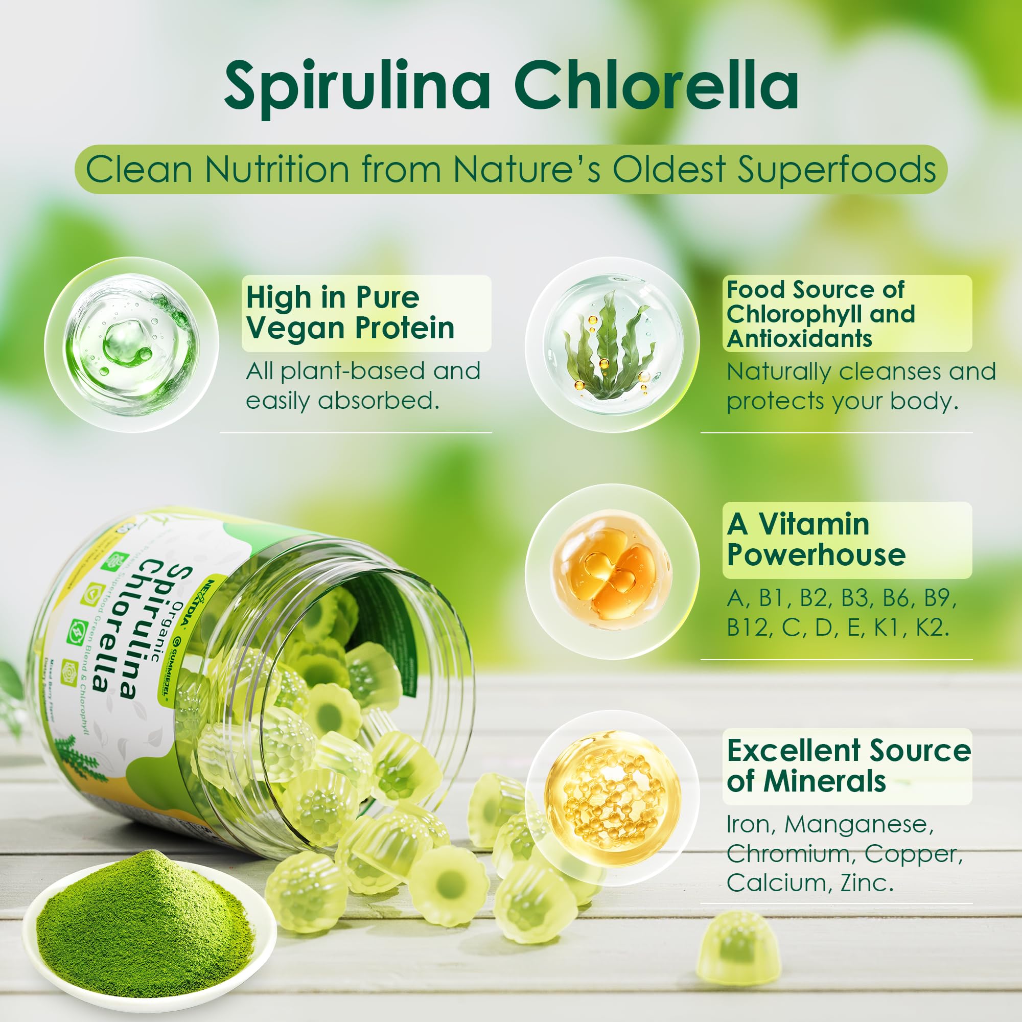 Nextdia Spirulina-Chlorella Gummies label shows clean ingredients.