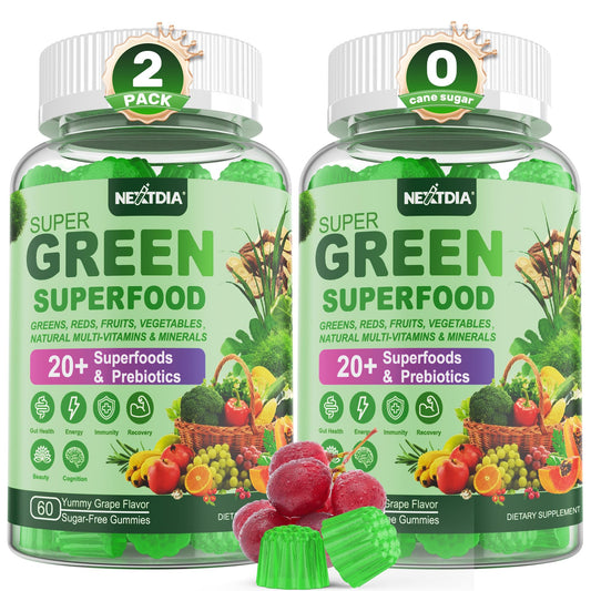 Nextdia Super Greens Gummies bottle front displaying grape flavor and daily wellness potential.
