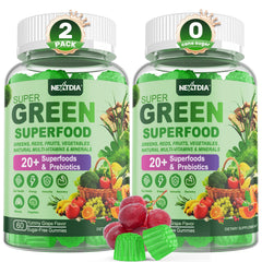 Nextdia Super Greens Gummies bottle front displaying grape flavor and daily wellness potential.