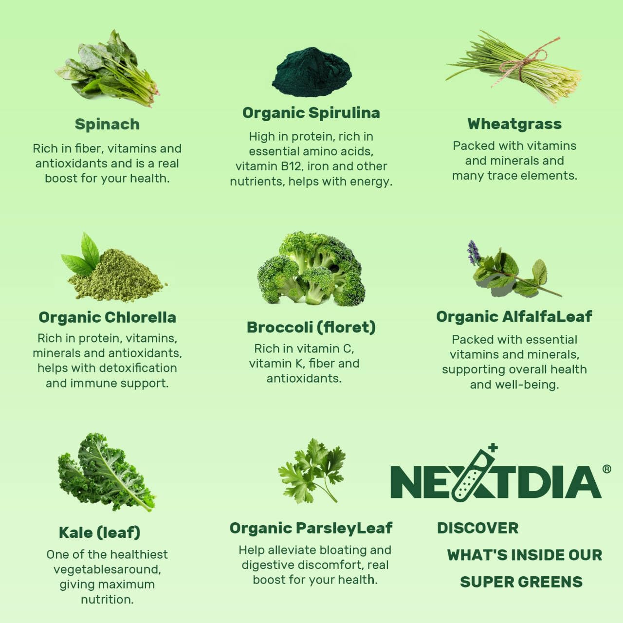 Nextdia Super Greens is shown with probiotic fiber for gut support.