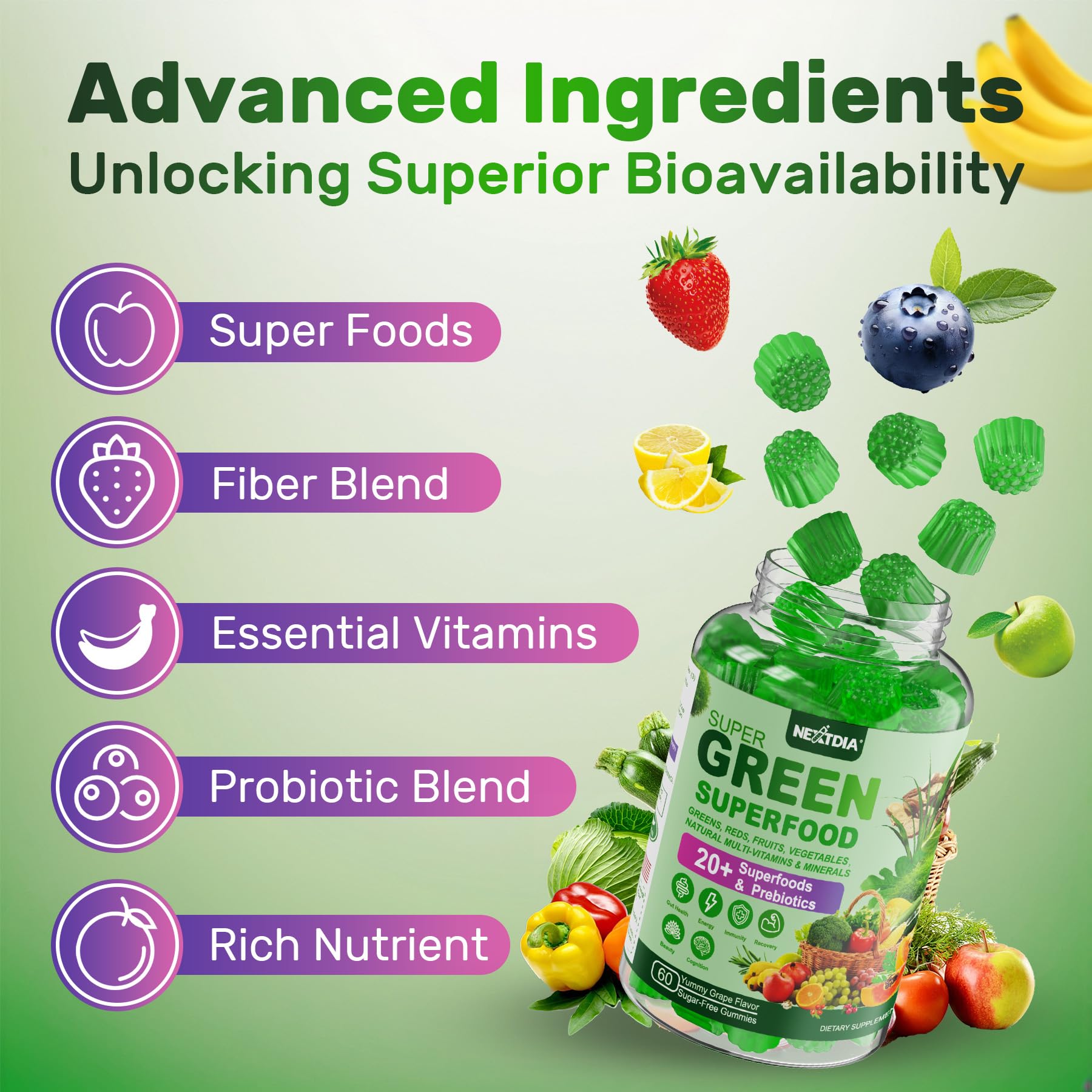 Nextdia Super Greens travel-pack scene highlights on-the-go convenience.